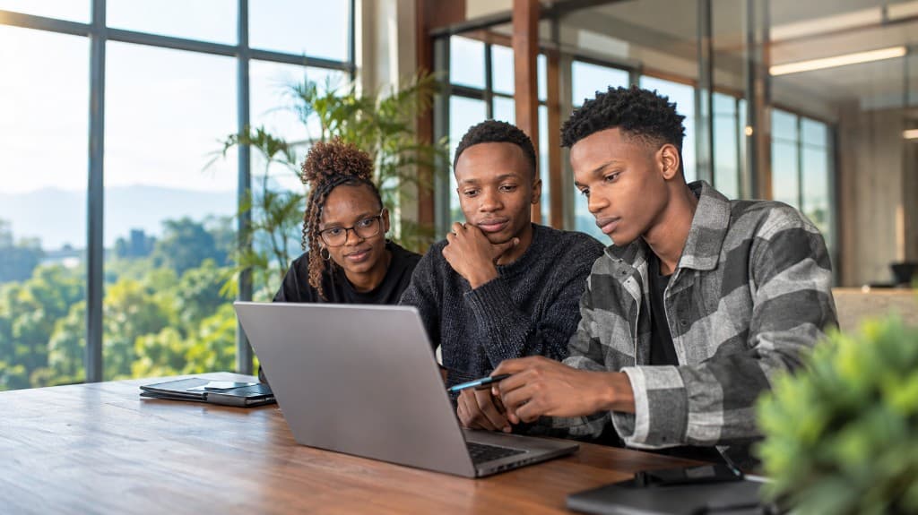 Three colleagues reviewing work together on a laptop in a bright office