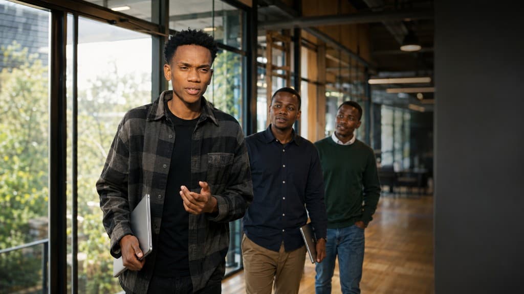 Colleagues walking through a modern office corridor in conversation